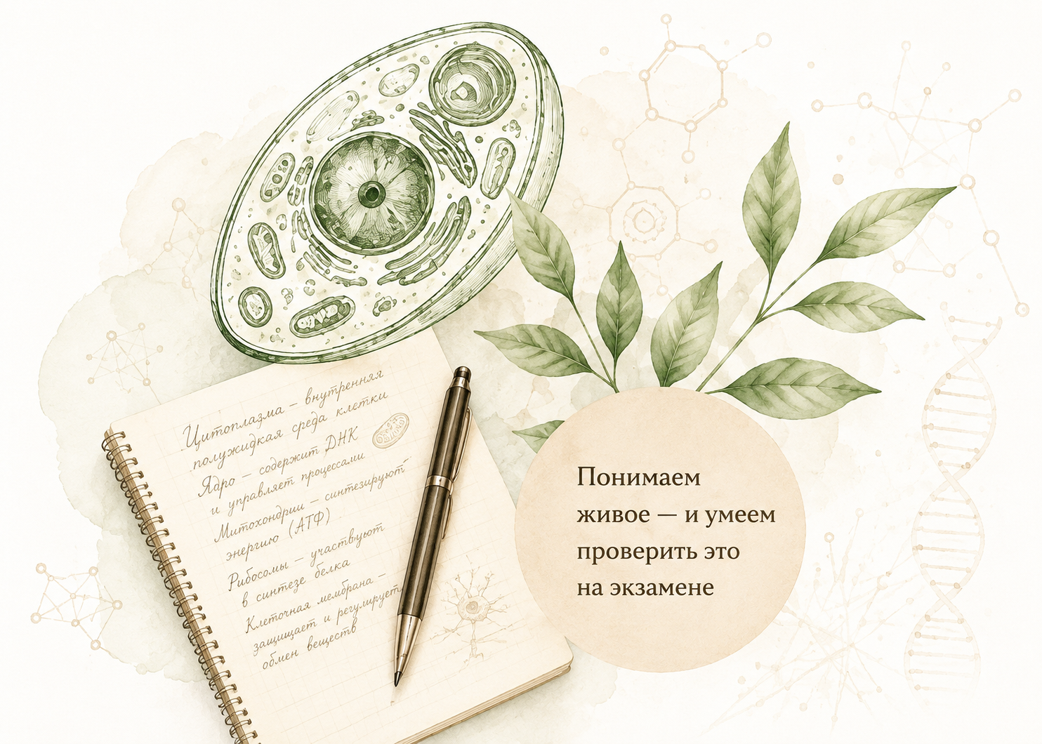 Схема растительной клетки, конспект от руки, ветка и надпись «Понимаем живое — и умеем проверить это на экзамене»